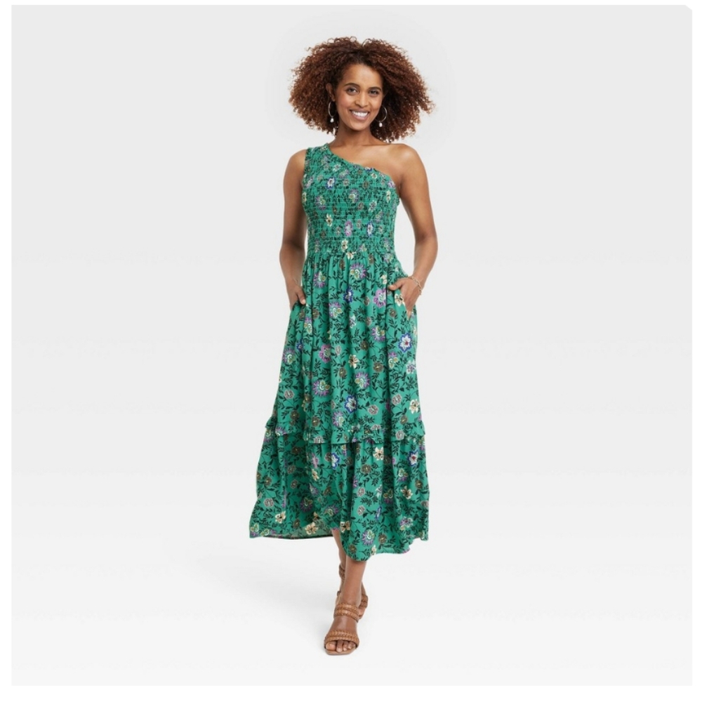 Floral Green One-Shoulder Dress